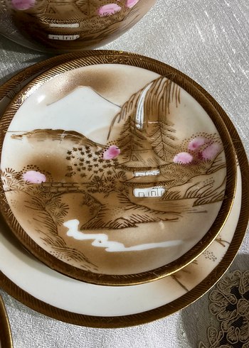 Japon,Bej ve pastel renkli porselen çay seti - Görsel 3