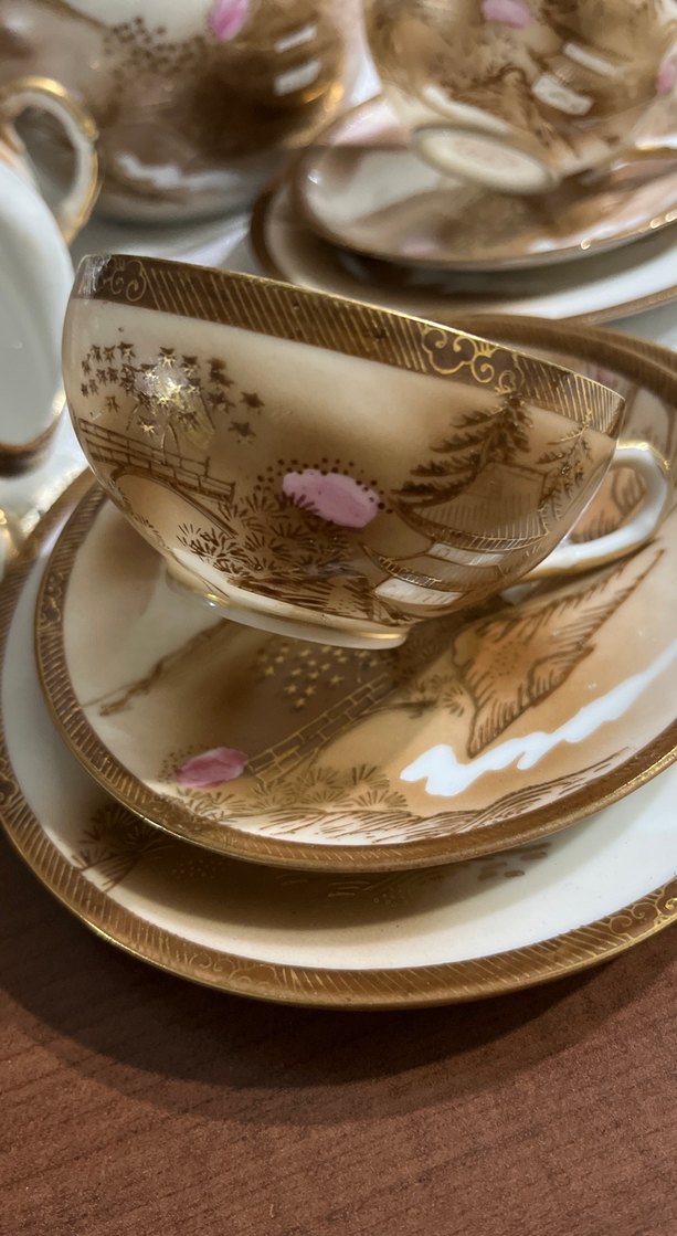 Japon,Bej ve pastel renkli porselen çay seti - Görsel 2