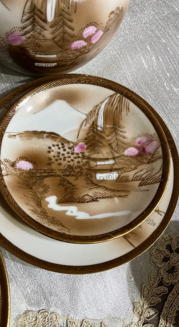 Japon,Bej ve pastel renkli porselen çay seti - Görsel 3