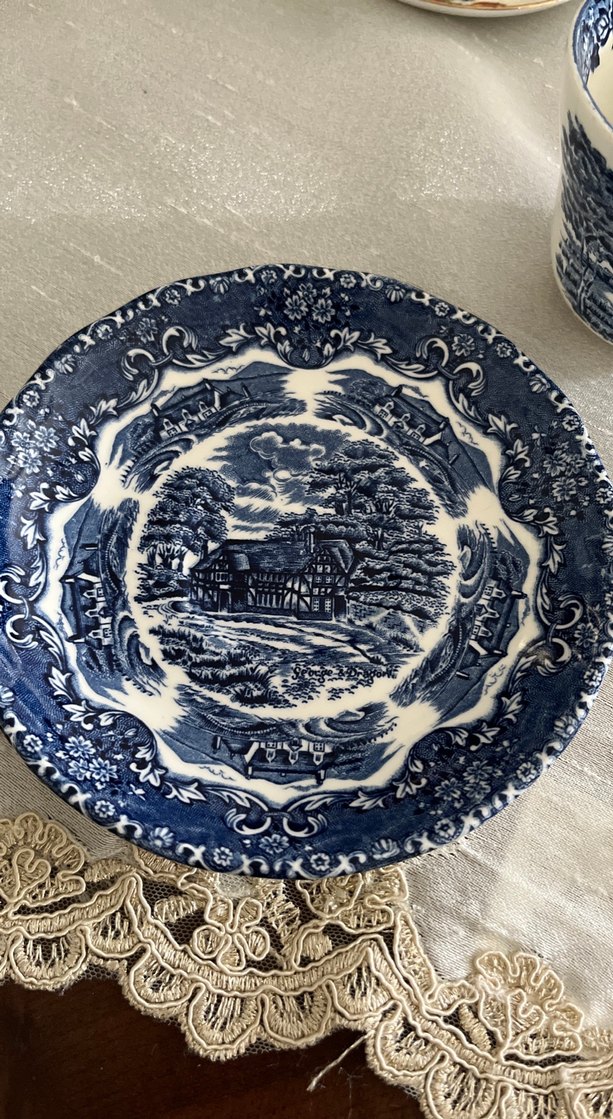 Grindley,Koyu Mavi Desenli Porselen Fincan ve Tabak - Görsel 2