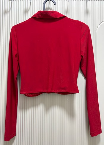 Kırmızı Düğmeli V Yaka Uzun Kollu Kadın Bluz - Görsel 2