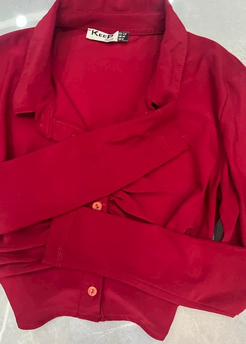 Kırmızı Düğmeli V Yaka Uzun Kollu Kadın Bluz - Görsel 7