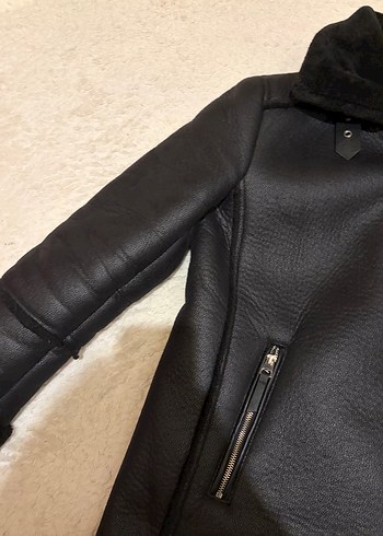 Siyah Kürklü Deri Biker Ceket - Görsel 3