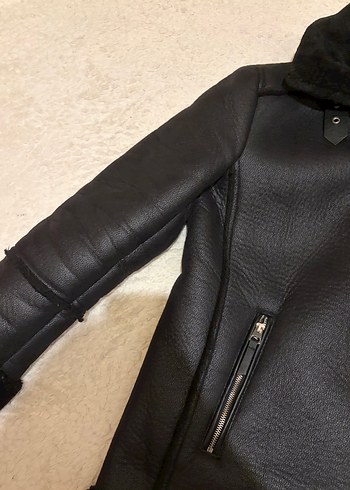 Siyah Kürklü Deri Biker Ceket - Görsel 2