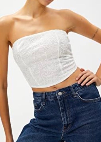Dantel İşlemeli Beyaz Straplez Büstiyer - Görsel 2