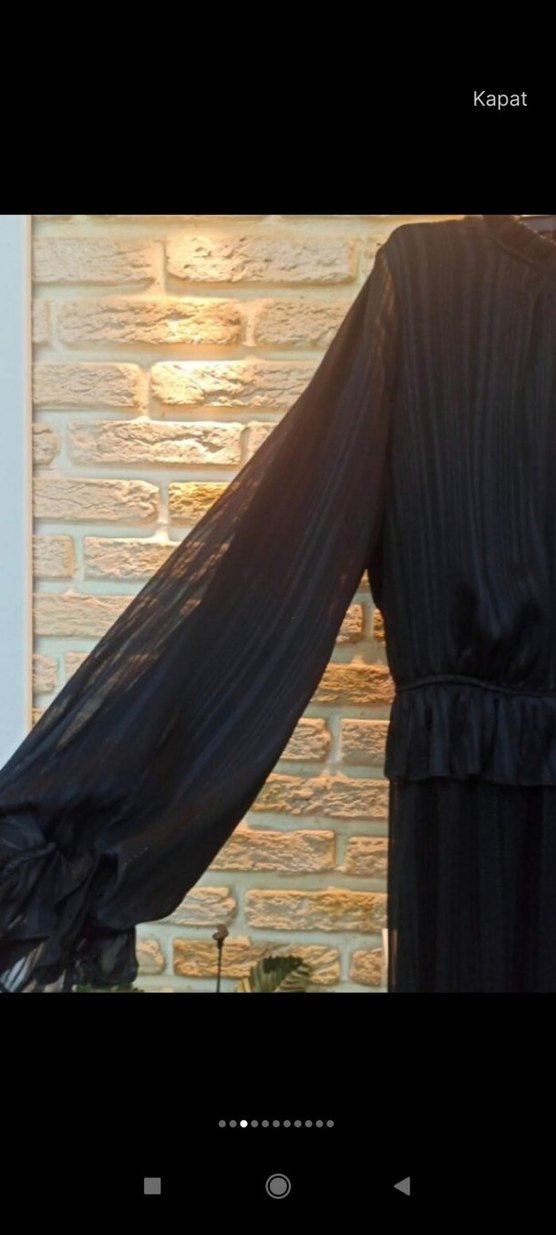 Siyah Piliseli Uzun Kollu Siyah Uzun Elbise - Görsel 4
