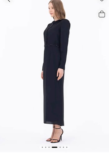 İş için Siyah Midi İşlemeli Elbise - Görsel 3