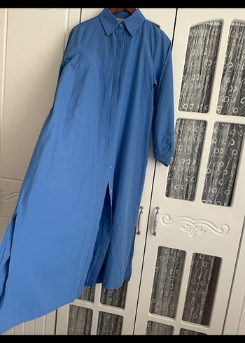 Mavi Kemerli Uzun Keten Elbise Tunik - Görsel 5