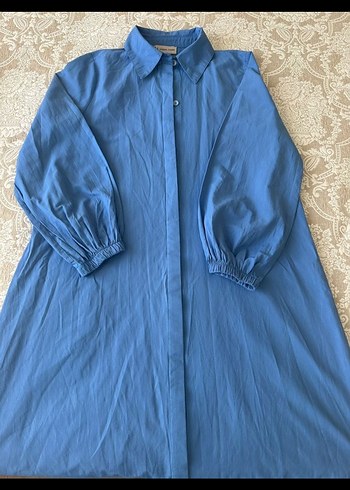 Mavi Kemerli Uzun Keten Elbise Tunik - Görsel 3