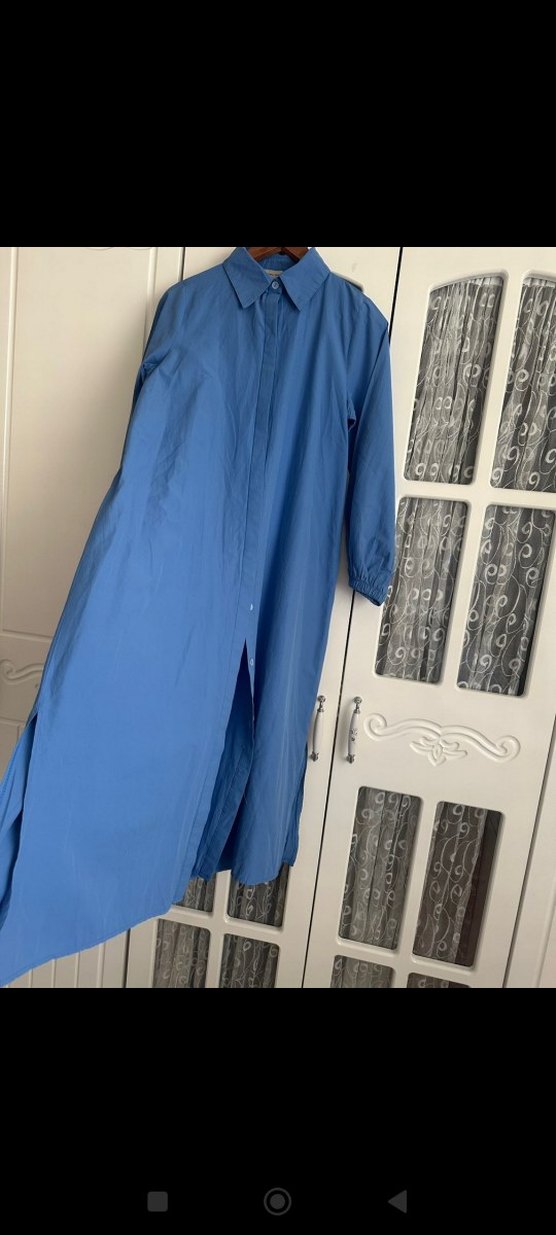 Mavi Kemerli Uzun Keten Elbise Tunik - Görsel 5