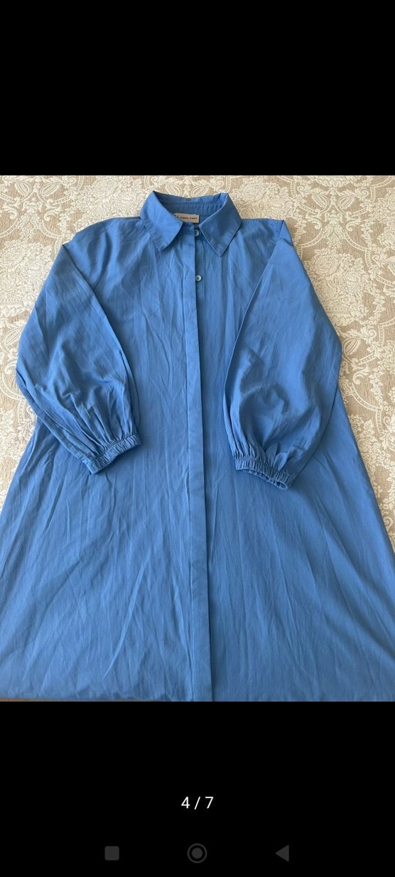 Mavi Kemerli Uzun Keten Elbise Tunik - Görsel 3