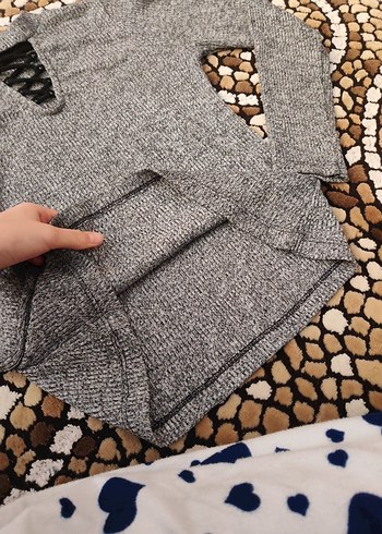 Gri V Yaka Örgü Kadın Kazak - Görsel 4