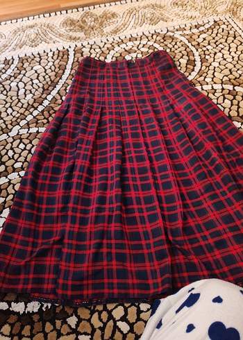 Kadın Kırmızı Ekose Pileli Uzun Etek - Görsel 3