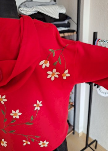 Nakışlı Kırmızı Kapüşonlu Bohem Sweatshirt - Görsel 3