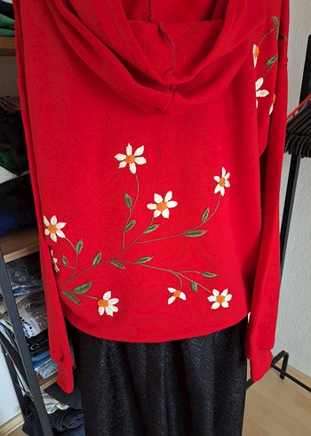 Nakışlı Kırmızı Kapüşonlu Bohem Sweatshirt - Görsel 2