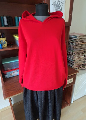 Nakışlı Kırmızı Kapüşonlu Bohem Sweatshirt - Görsel 4