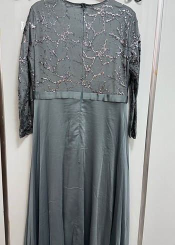 Uzun Kollu İşlemeli Gri Bohem Abiye Elbise - Görsel 2