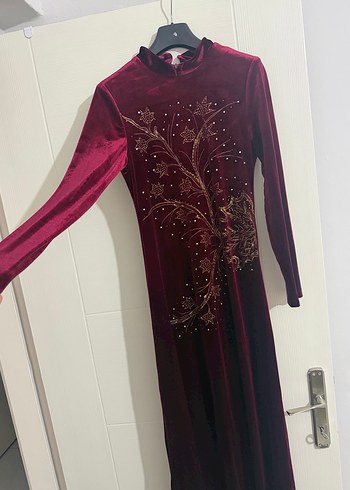Bordo Nakışlı Uzun Kollu Kadın Henna Elbise - Görsel 2