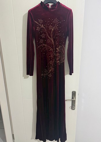 Bordo Nakışlı Uzun Kollu Kadın Henna Elbise - Görsel 3