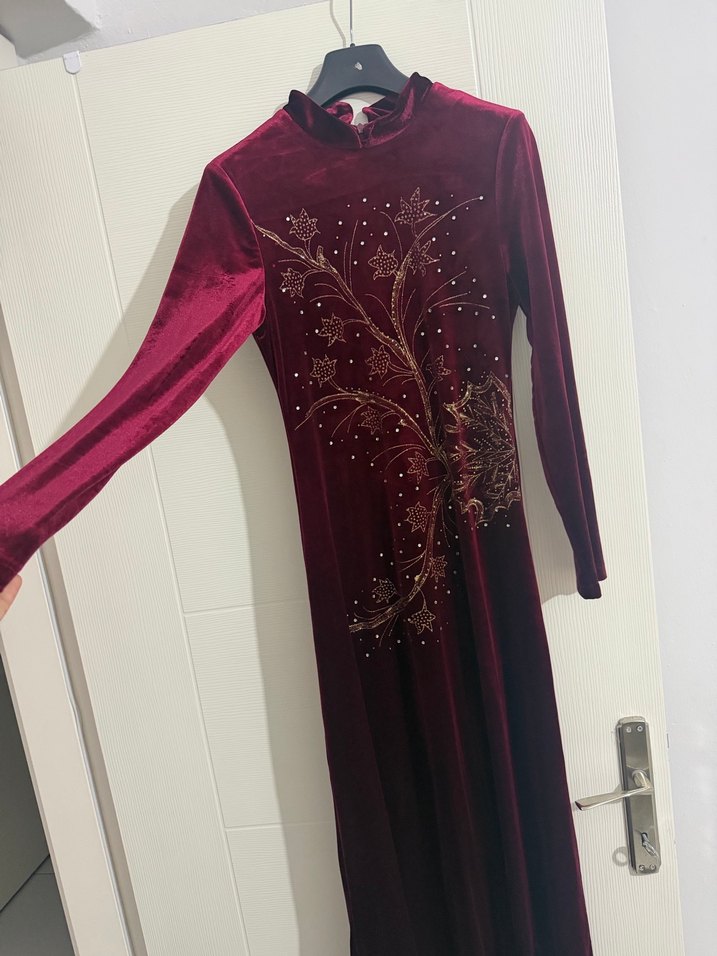 Bordo Nakışlı Uzun Kollu Kadın Henna Elbise - Görsel 2