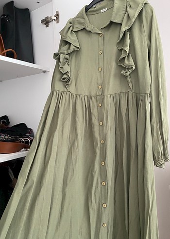 Fırfırlı Uzun Kollu Haki Elbise - Görsel 2