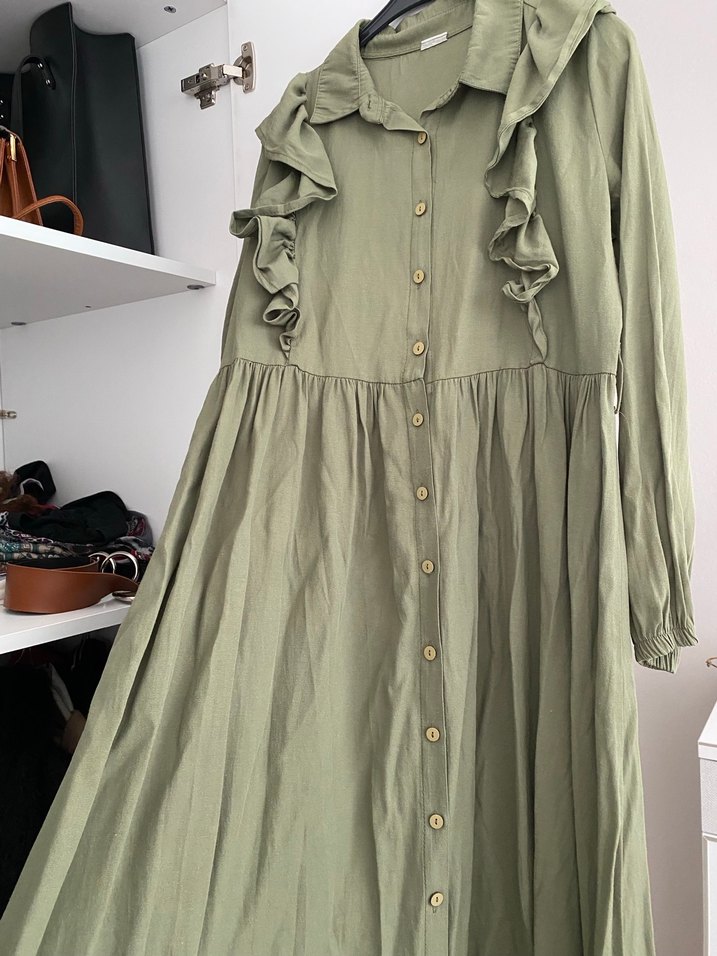 Fırfırlı Uzun Kollu Haki Elbise - Görsel 2