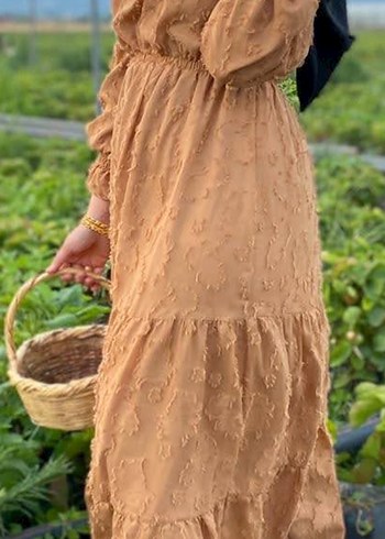 Bej Uzun Kollu Vintage Bohem Elbise - Görsel 5