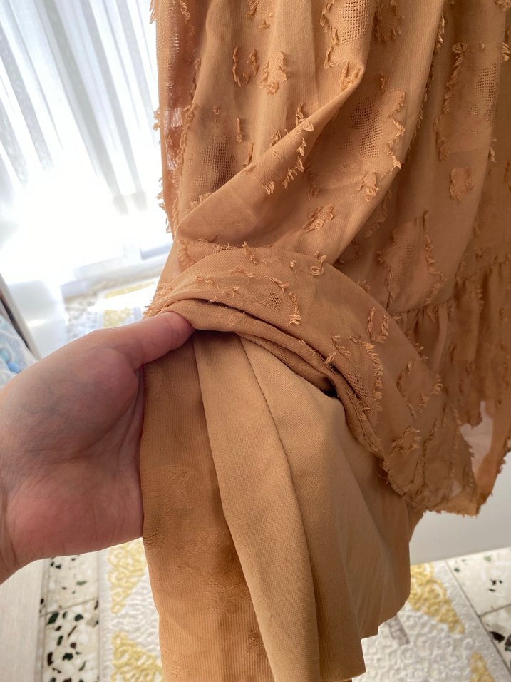 Bej Uzun Kollu Vintage Bohem Elbise - Görsel 2