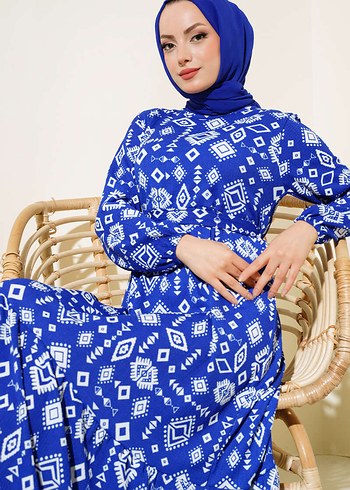 Bohem Uzun Kollu Mavi Desenli Elbise - Görsel 2