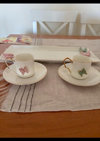 #berbardo Pastel Kelebek Detaylı Beyaz Fincan Takımı