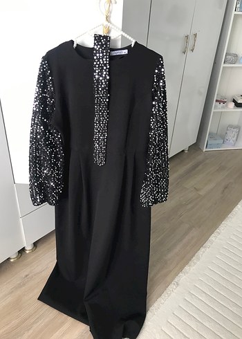 Siyah Parlak Payetli Uzun Kollu Elbise - Görsel 3