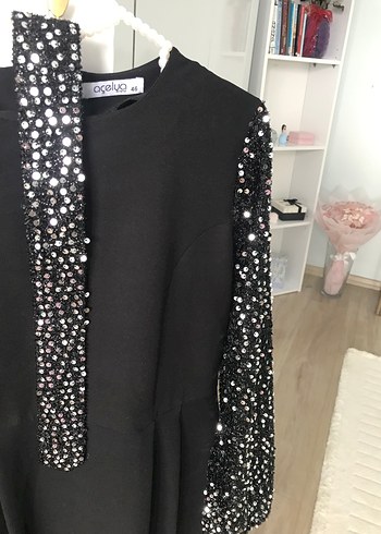 Siyah Parlak Payetli Uzun Kollu Elbise - Görsel 5