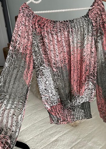 Pembe Gri Bağlama Desenli Straplez Bluz - Görsel 2