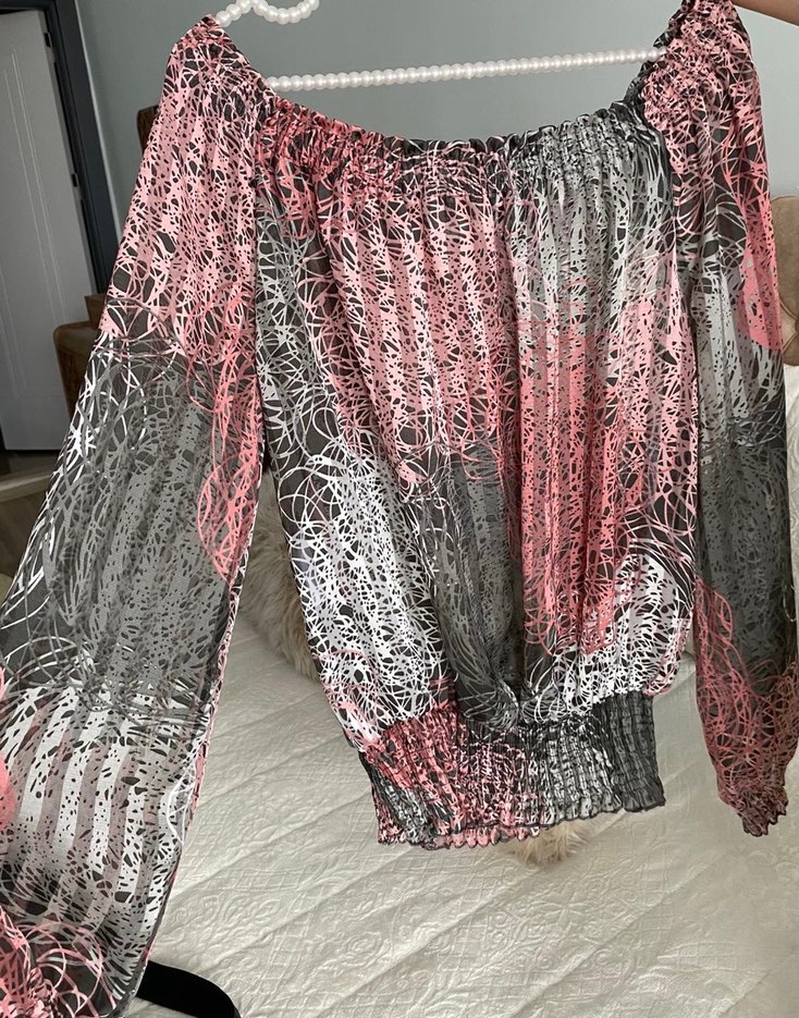 Pembe Gri Bağlama Desenli Straplez Bluz - Görsel 2