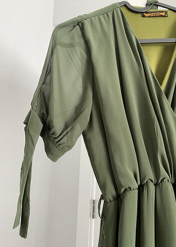 Kahverengi V Yaka Uzun Salaş Elbise - Görsel 4