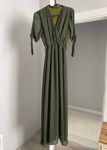 Kahverengi V Yaka Uzun Salaş Elbise - Görsel 2