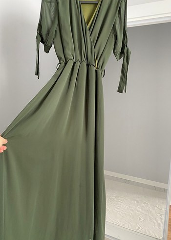 Kahverengi V Yaka Uzun Salaş Elbise - Görsel 3