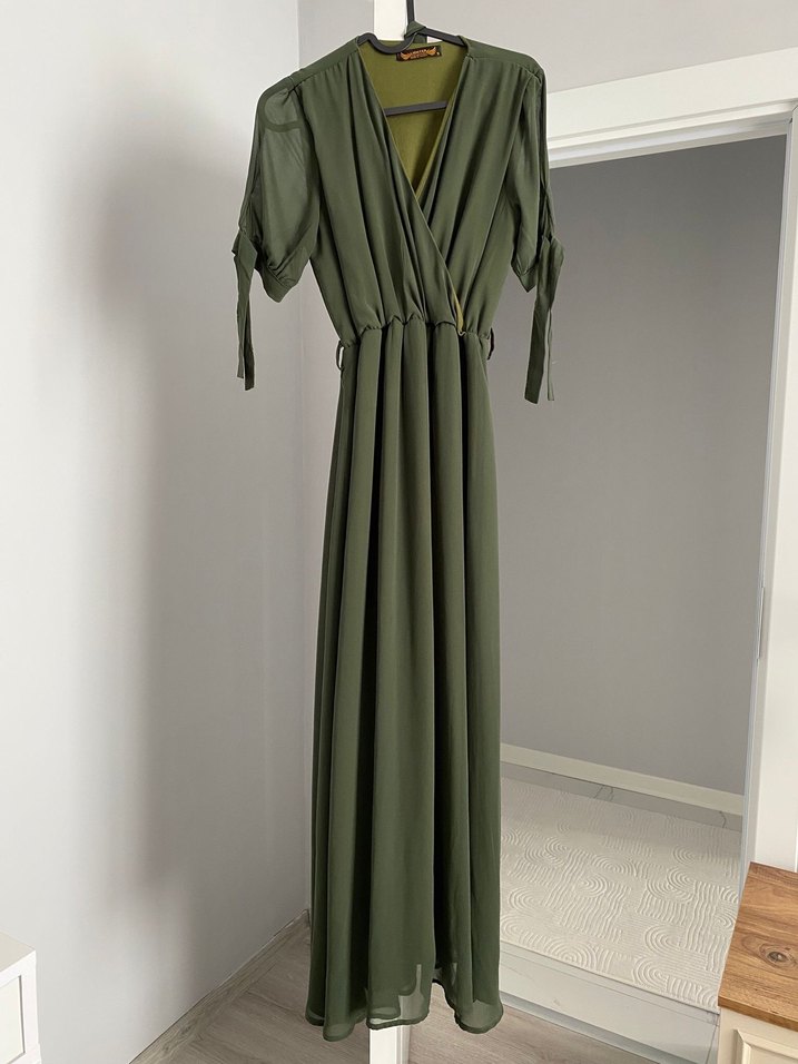 Kahverengi V Yaka Uzun Salaş Elbise - Görsel 2