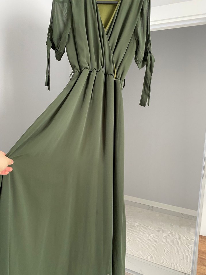 Kahverengi V Yaka Uzun Salaş Elbise - Görsel 3