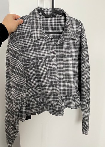 Gri Ekose Uzun Kollu Düğmeli Kadın Gömlek - Görsel 2