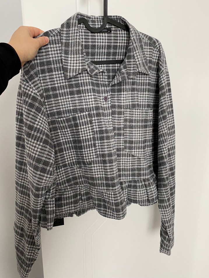 Gri Ekose Uzun Kollu Düğmeli Kadın Gömlek - Görsel 2