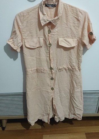 Düğmeli Bej Keten Kısa Tulum - Görsel 2