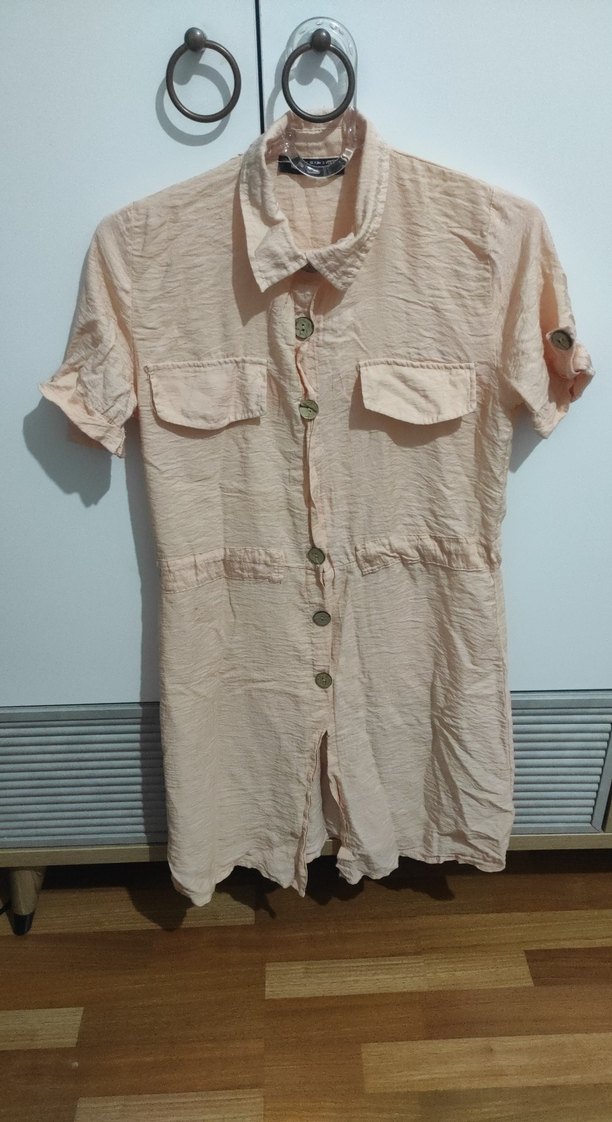 Düğmeli Bej Keten Kısa Tulum - Görsel 2