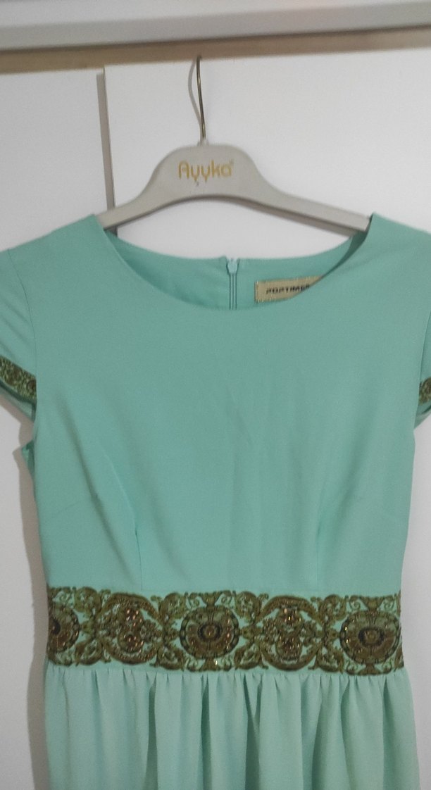 Nakışlı Turkuaz Uzun Kadın Elbise abiye - Görsel 2