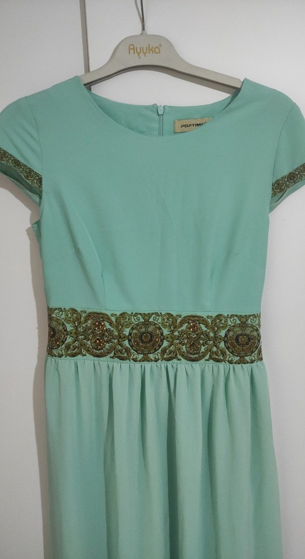 Nakışlı Turkuaz Uzun Kadın Elbise abiye - Görsel 3