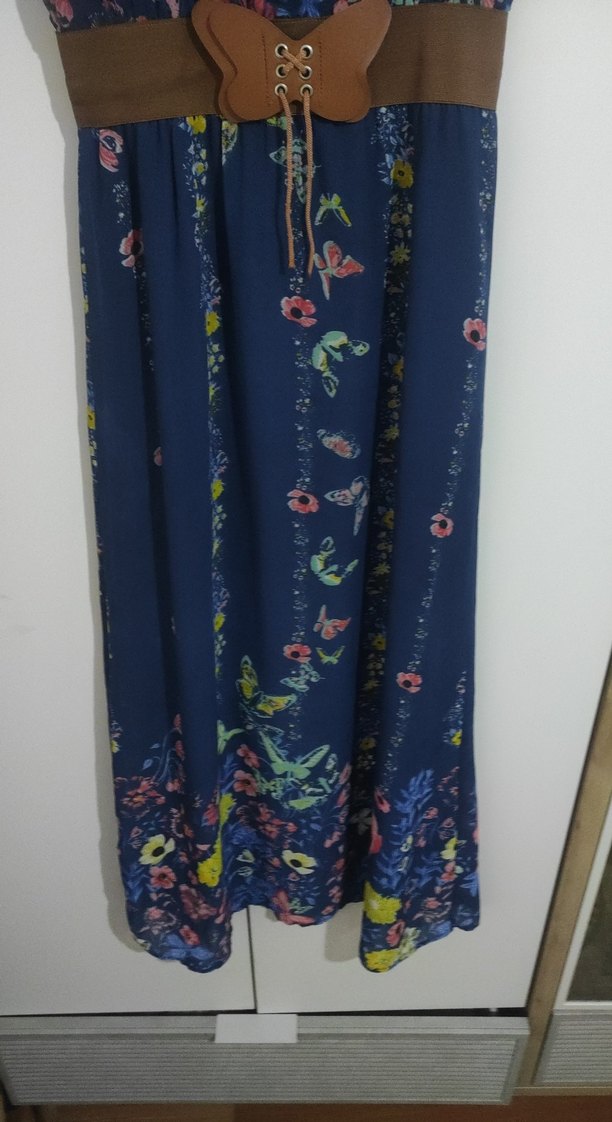 Kemer Detaylı Lacivert Bohem Uzun Şifon Astarlı  Elbise - Görsel 3