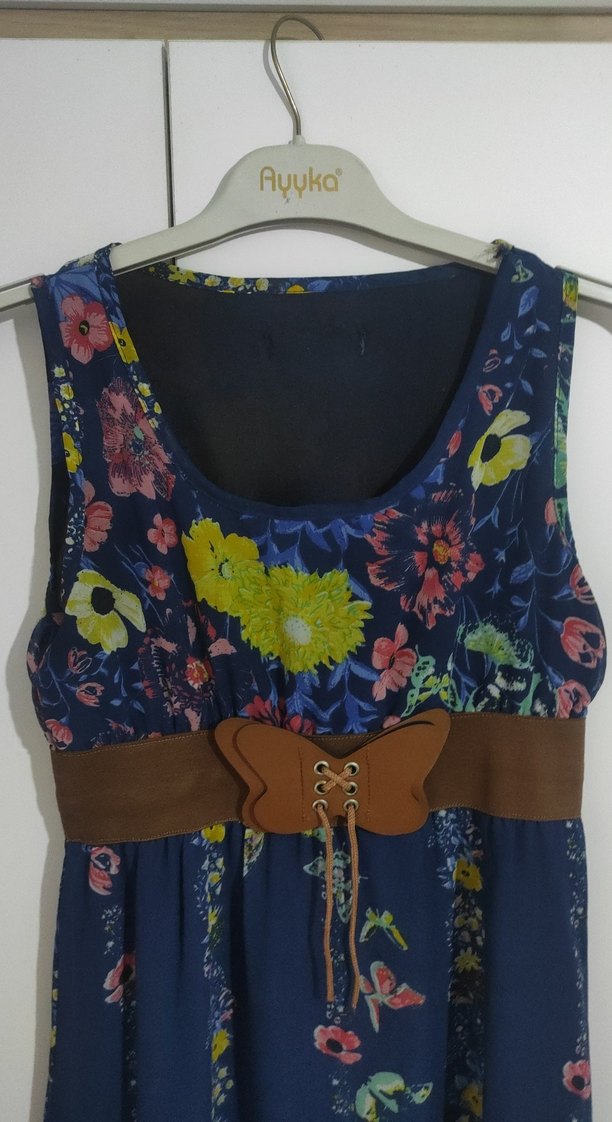 Kemer Detaylı Lacivert Bohem Uzun Şifon Astarlı  Elbise - Görsel 2