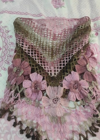 Dantel Detaylı Pembe Bohem El  Örgüsü Şal - Görsel 4