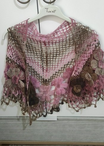 Dantel Detaylı Pembe Bohem El  Örgüsü Şal - Görsel 2