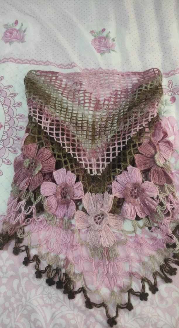 Dantel Detaylı Pembe Bohem El  Örgüsü Şal - Görsel 4